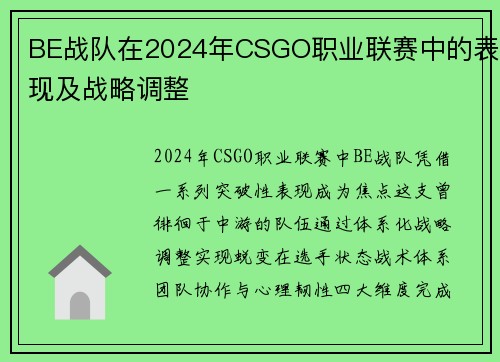 BE战队在2024年CSGO职业联赛中的表现及战略调整