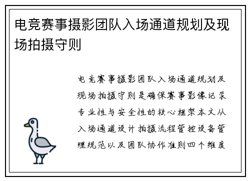 电竞赛事摄影团队入场通道规划及现场拍摄守则