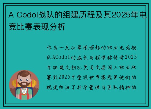 A Codol战队的组建历程及其2025年电竞比赛表现分析